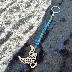 Bird Pendant Keychain with Blue Beads